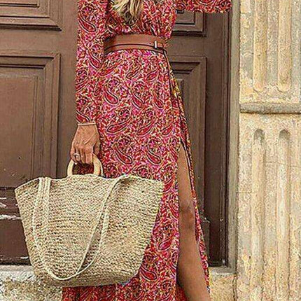 Bohemian Floral V-Neck Maxi Dress with Adjustable Belt