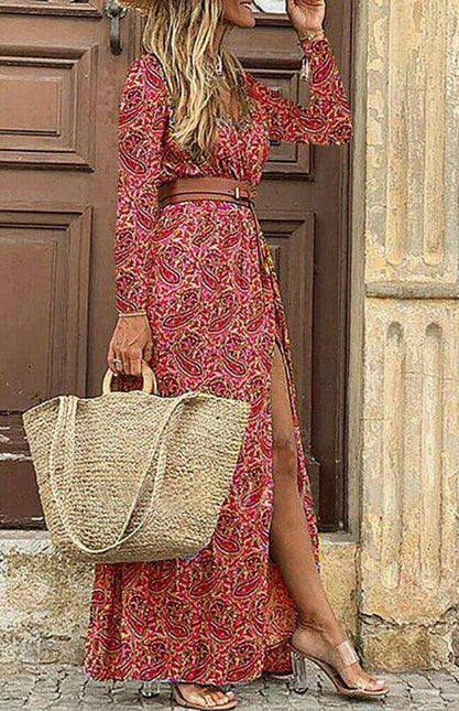 Bohemian Floral V-Neck Maxi Dress with Adjustable Belt
