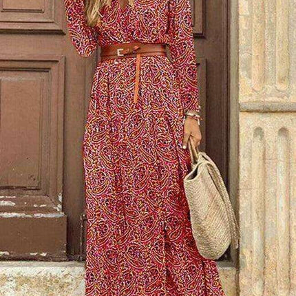 Bohemian Floral V-Neck Maxi Dress with Adjustable Belt