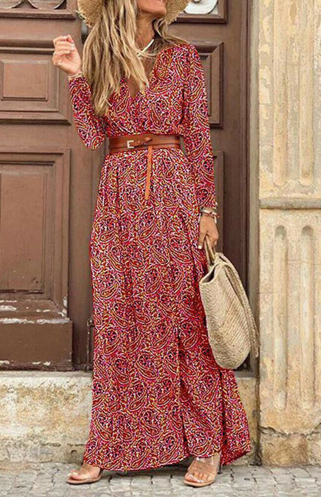 Chic Floral Print Boho Maxi Dress with V-Neck and Waist Tie