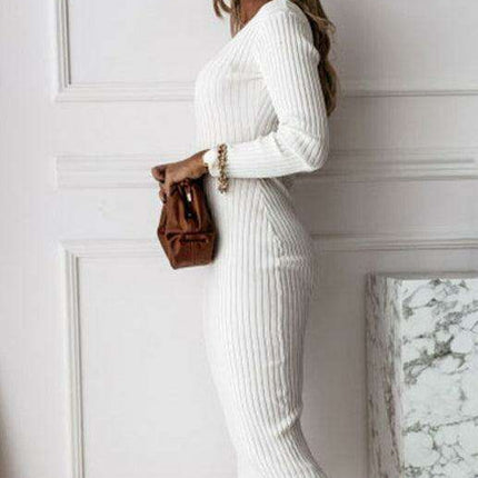 Chic V-Neck Long Sleeve Polyester Dress for Autumn and Winter