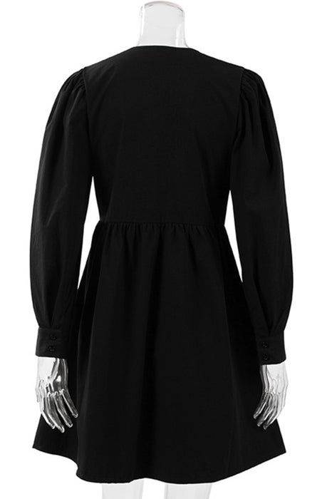 Elegant Deep V-Neck Dress with Bubble Sleeves - Women's Wardrobe Essential