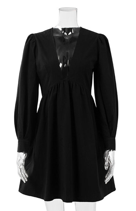 Chic Deep V-Neck Dress with Bubble Sleeves for Women