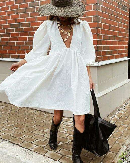 Elegant Deep V-Neck Bubble Sleeve Dress - A Stylish Addition for Every Occasion