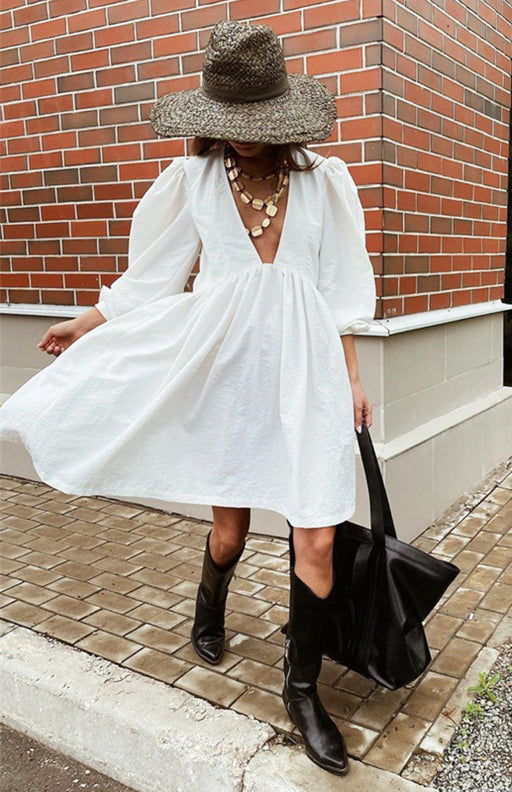 Elegant Deep V-Neck Dress with Bubble Sleeves - Women's Wardrobe Essential