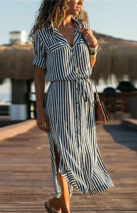 Striped Chiffon Lace-Up Slip Dress with High Waist for Women