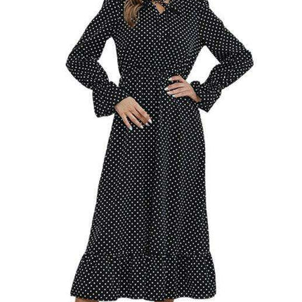 Retro Polka Dot V-Neck Dress with Flattering Tie Waist - Timeless Style