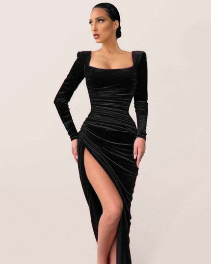 Sophisticated Square Neck High Waist Flared Mini Dress with Split