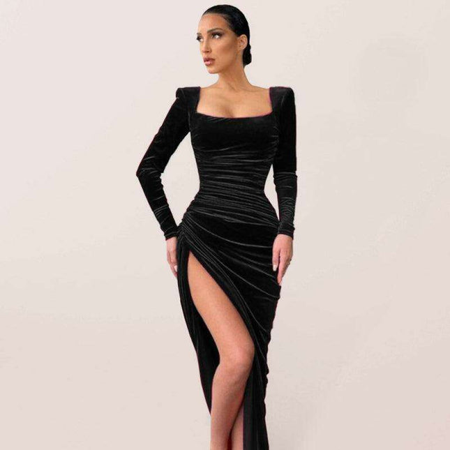 Sophisticated Square Neck High Waist Flared Mini Dress with Split