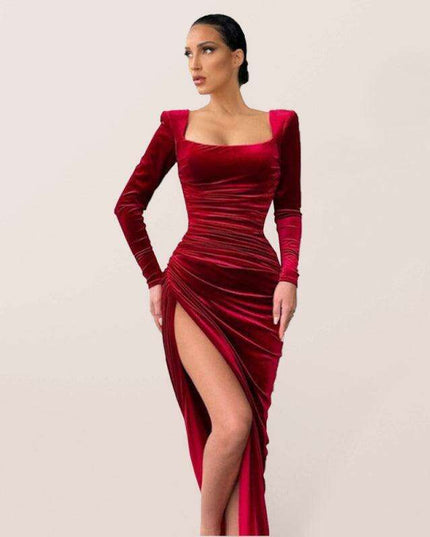 Sophisticated Square Neck High Waist Flared Mini Dress with Split