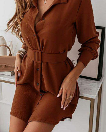Chic Long Sleeve Polyester Shirt Dress with Lapel Collar