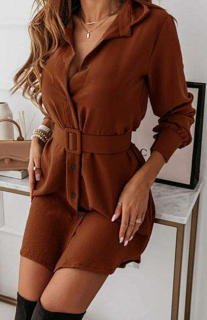 Chic Long Sleeve Polyester Shirt Dress with Lapel Collar