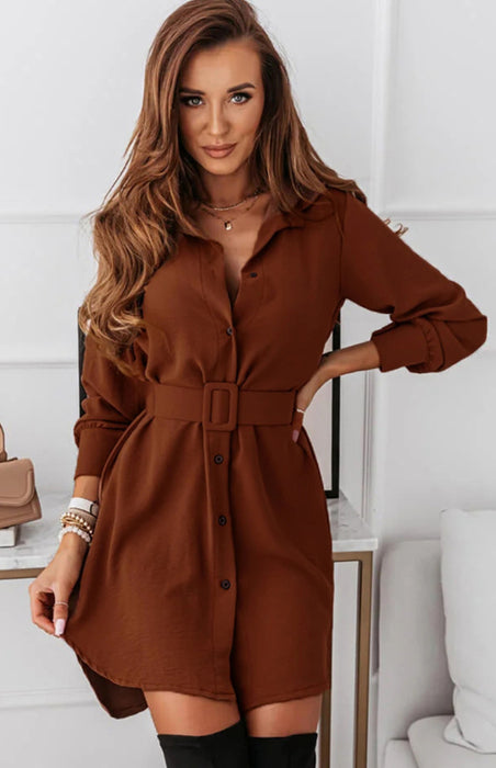 Elegant Polyester Shirt Dress with Lapel Collar and Long Sleeves