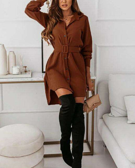 Chic Long Sleeve Polyester Shirt Dress with Lapel Collar