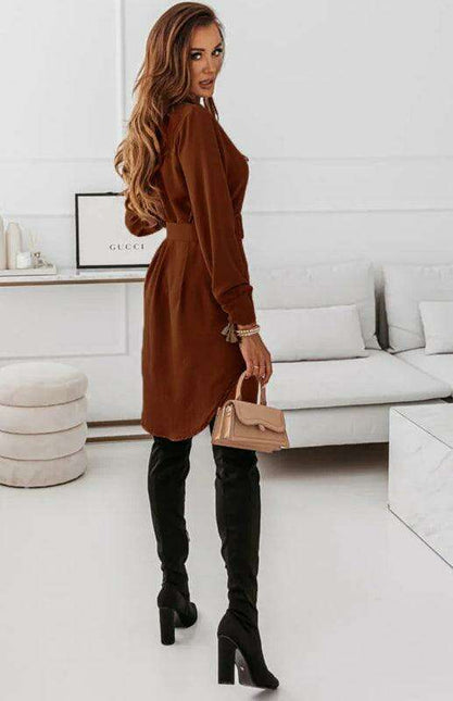Chic Long Sleeve Polyester Shirt Dress with Lapel Collar
