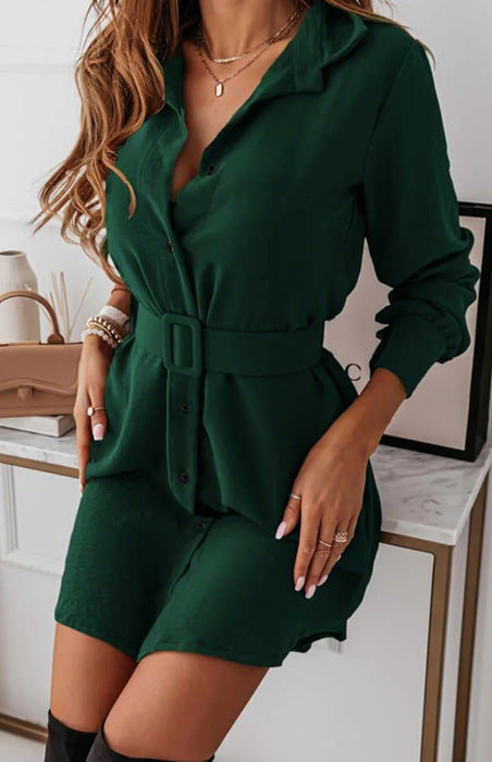 Sophisticated Lapel Collar Polyester Shirt Dress with Long Sleeves