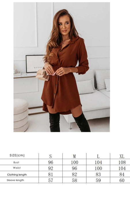 Sophisticated Lapel Collar Polyester Shirt Dress with Long Sleeves