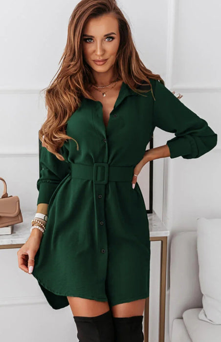 Elegant Lapel Collar Polyester Shirt Dress with Long Sleeves