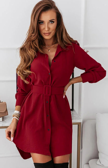 Elegant Polyester Shirt Dress with Lapel Collar and Long Sleeves