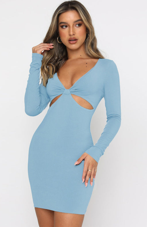 Sexy Deep V-Neck Hollow Slim Long Sleeve Dress Cocktail Party Dress