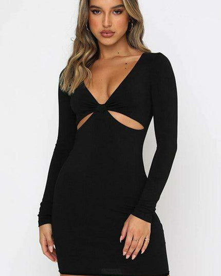 Chic Plunge Neck Long Sleeve Bodycon Dress with Cutout Accents