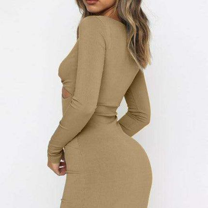 Chic Plunge Neck Long Sleeve Bodycon Dress with Cutout Accents