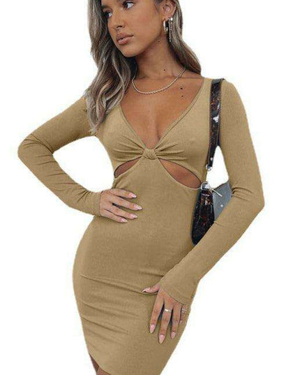 Chic Plunge Neck Long Sleeve Bodycon Dress with Cutout Accents