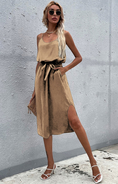 Bohemian Split-Hem Polyester Maxi Dress with Sling Collar - Women's Fashion