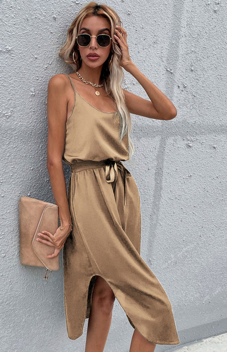 Bohemian Polyester Maxi Dress with High Slit & Sling Neckline - Women's Summer Style