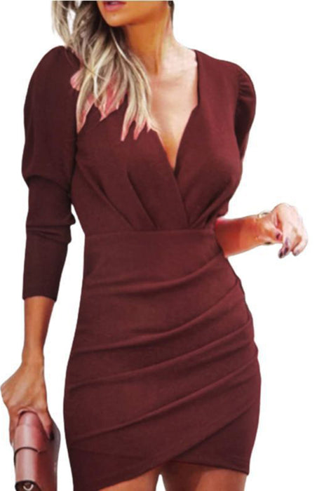 Elegant Deep V-Neck Pleated Cocktail Dress with Long Sleeves