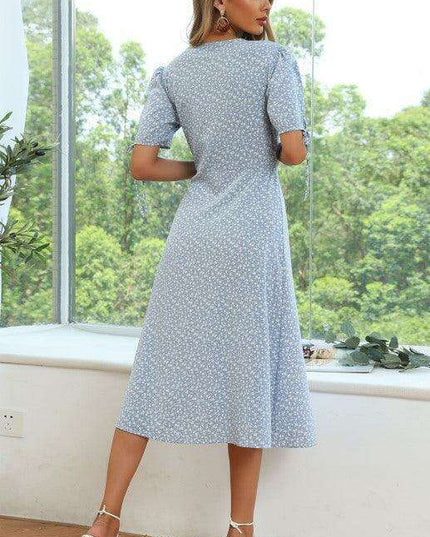 Summer Blossom Lace-Up Dress with Puff Sleeves