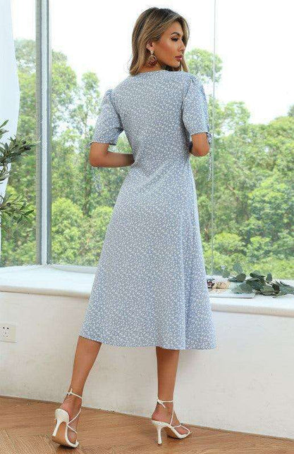 Summer Blossom Lace-Up Dress with Puff Sleeves
