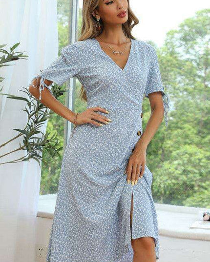 Summer Blossom Lace-Up Dress with Puff Sleeves