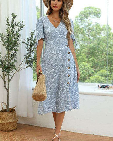 Summer Blossom Lace-Up Dress with Puff Sleeves