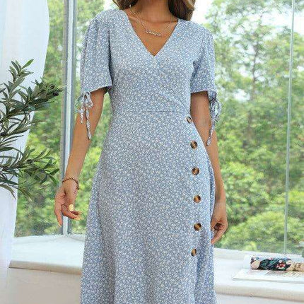 Summer Blossom Lace-Up Dress with Puff Sleeves