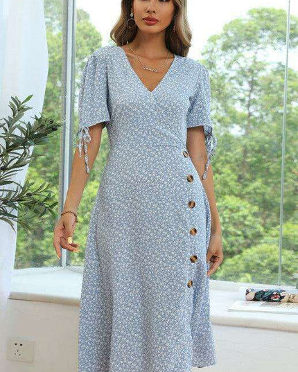 Summer Blossom Lace-Up Dress with Puff Sleeves