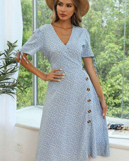 Summer Blossom Lace-Up Dress with Puff Sleeves