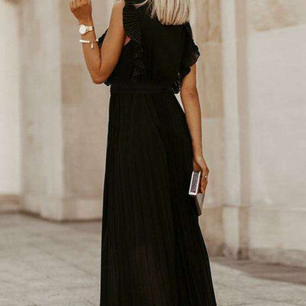 Lotus Blossom Chiffon Dress with Flutter Sleeves and Deep V-Neck