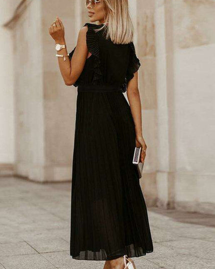 Lotus Blossom Chiffon Dress with Flutter Sleeves and Deep V-Neck