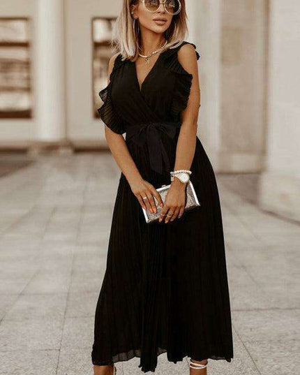 Lotus Blossom Chiffon Dress with Flutter Sleeves and Deep V-Neck