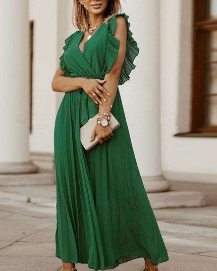 Lotus Blossom Chiffon Dress with Flutter Sleeves and Deep V-Neck
