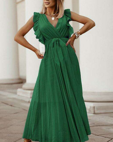 Lotus Blossom Chiffon Dress with Flutter Sleeves and Deep V-Neck