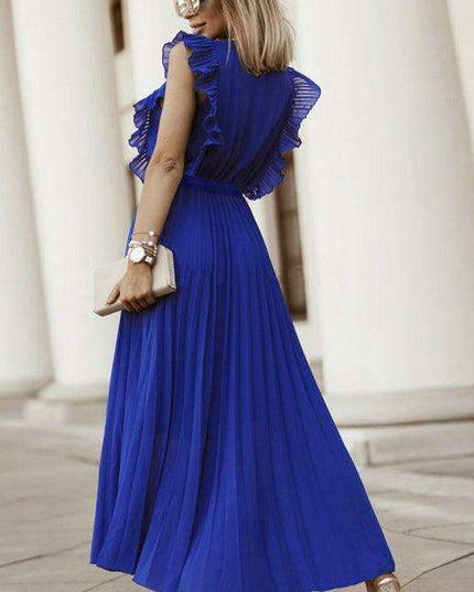 Lotus Blossom Chiffon Dress with Flutter Sleeves and Deep V-Neck