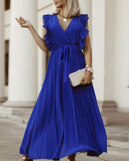 Lotus Blossom Chiffon Dress with Flutter Sleeves and Deep V-Neck