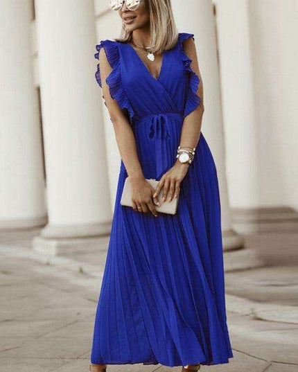 Lotus Blossom Chiffon Dress with Flutter Sleeves and Deep V-Neck