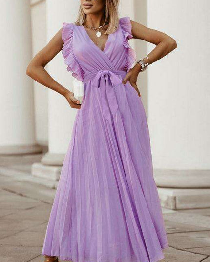 Lotus Blossom Chiffon Dress with Flutter Sleeves and Deep V-Neck