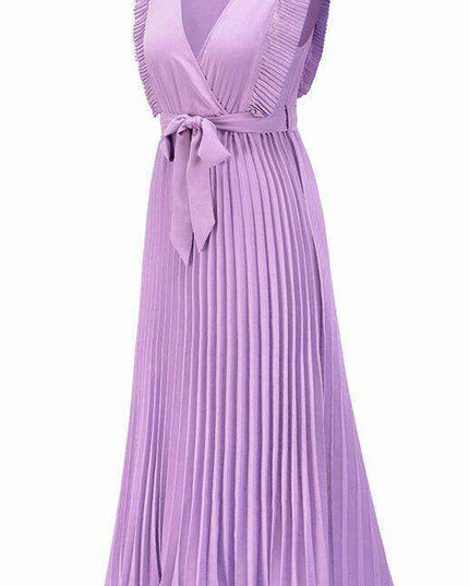 Lotus Blossom Chiffon Dress with Flutter Sleeves and Deep V-Neck