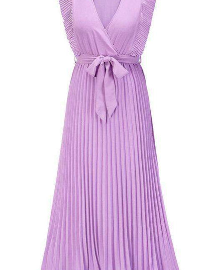 Lotus Blossom Chiffon Dress with Flutter Sleeves and Deep V-Neck