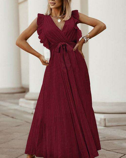 Lotus Blossom Chiffon Dress with Flutter Sleeves and Deep V-Neck