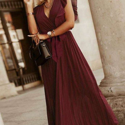 Lotus Blossom Chiffon Dress with Flutter Sleeves and Deep V-Neck